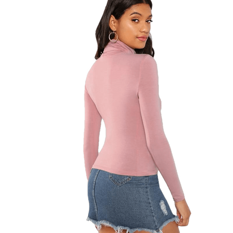 Elegant Pink Work Wear Turtleneck Slim Fit Long Sleeve For Women T-Shirt