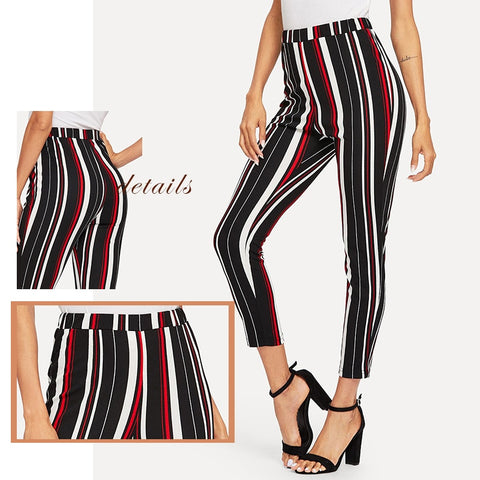 Elegant Stretch Knit Striped Pants Multi Color Waist Skinny And Capris For Women