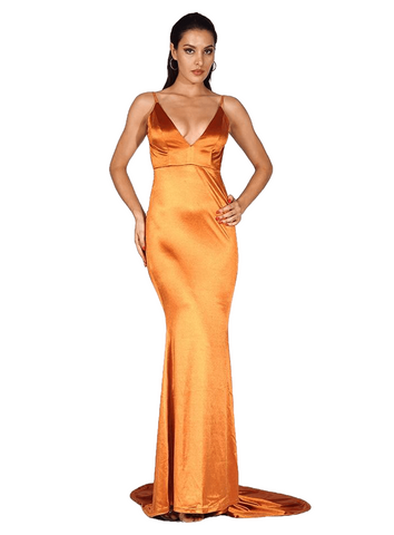 Sexy Orange Deep V-Neck Open Back Slim Long Dress Women