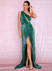 Sexy One Shoulder Cut Out Green Cross Split Sequin Maxi Dress Outono / Inverno Para As Senhoras