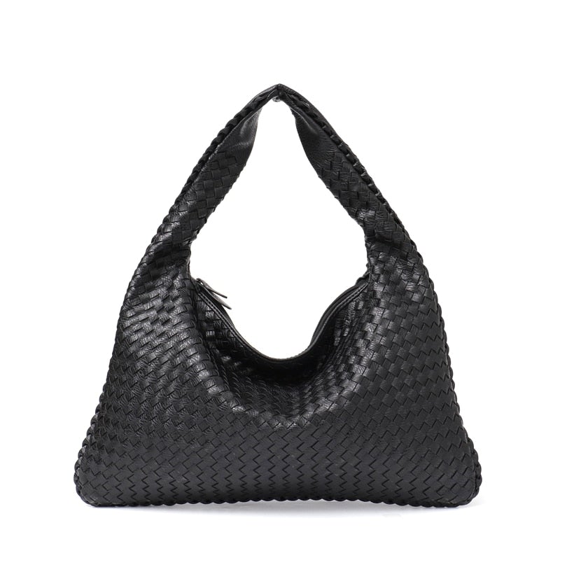 Leather Hobo Bag Handmade Woven Casual Female Handbag Big Capacity Patchwork Zipper Women Shoulder Bags