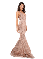 Sexy Deep V-Neck Rose Gold Sequins Mesh Forro Sleeveless Dress For Ladies