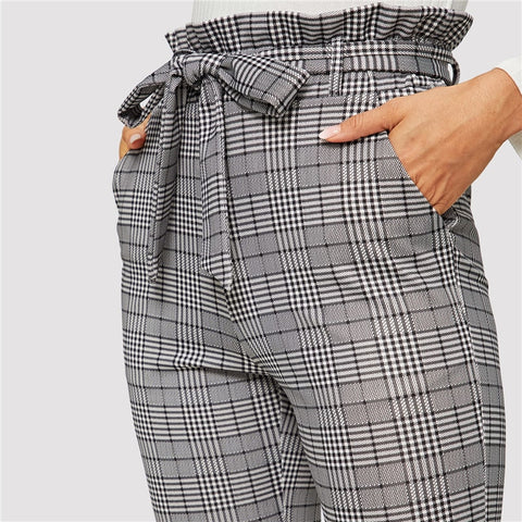 מכנסי מכנסי סיגריות גבוהים אפור אלגנטי עם חגורת משרד עבודה ארוכה לנשים