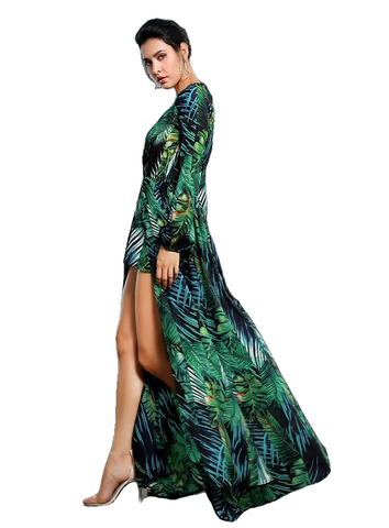 Sexy Leaf Print Deep V-neck Long-Sleeved Chiffon Dress For Ladies