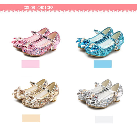 Spring Fashionable Girls' Shinny Thick Heeled Princess Shoes With Bow