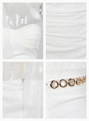 Topo de tubo branco sexy material de ponto de polca plissado vestido de gala de Bodycon de senhoras