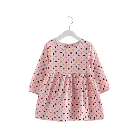 Fashionable Comfortable Girls' Long Sleeve Cotton Shirt Dress With Polka Dot