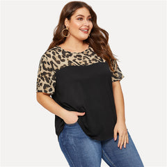 E Camisa Tamanha, Mulheres Leopardas, Yoke Cortado e costurado, Tops de Verão, Cor Negra, Bloco Casual Feminino Camisa de Dentes Femininos