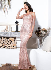 Sexy Bare Gold Round Neck Sheer Back Glitter Glued Fabric Maxi Dress For Ladies