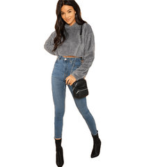 Autumn Casual Solid Drop Shoulder Crop Teddy Hoodie Sweatshirt Fashion Women Pullovers Sweatshirts