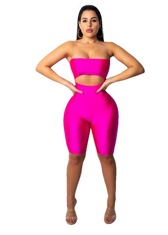 セクシーなロンパース婦人用ジャンプスーツ・ネオン・ピンク党クラブ・ストラップレス安全器Bodycon包帯ジャンプスーツ・ショーツ遊び着