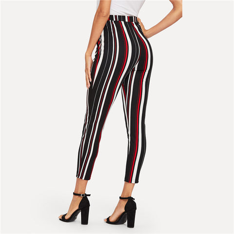 Elegant Stretch Knit Striped Pants Multi Color Waist Skinny And Capris For Women