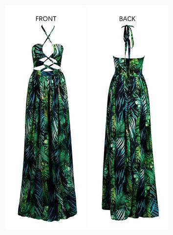 Leaf Print Sexy Cut Out Cross Straps Open Back Beach Maxi Dress For Women