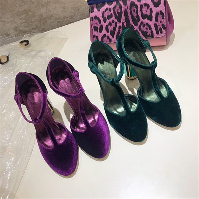 High Heel Shoes Woman Gemstone Heel Buckle Banquet Shoes Women Pumps Green Wine Red Velvet Zapatos Mujer - Sheseelady