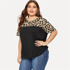 E Camisa Tamanha, Mulheres Leopardas, Yoke Cortado e costurado, Tops de Verão, Cor Negra, Bloco Casual Feminino Camisa de Dentes Femininos