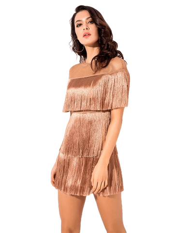 Female Sexy Nude Crewneck Off-the-shoudler Party Dress With Fringe