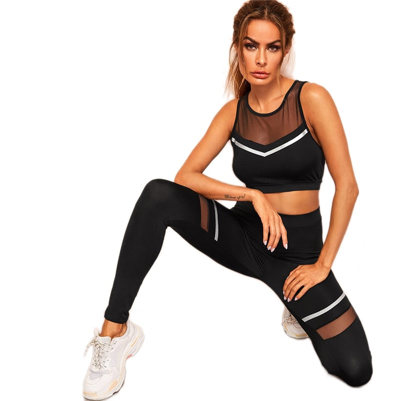Sport noir maille insert rayé sport soutien-gorge et leggings ensemble femmes sans manches exercice maigre ensembles de course vêtements de sport