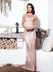 Sexy Bare Gold Round Neck Sheer Back Glitter Glued Fabric Maxi Dress For Ladies