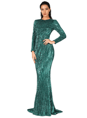 Flash Green O-Neck High Waist Fishtail Shape Pleated Sequined Stretchy Party Long Dress