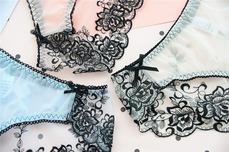 Sexy Seamless Sheer Low Waist Net Yarn Panties With Seductive Embroidery