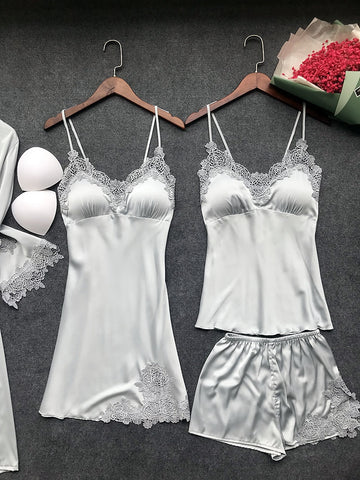 Stylish Sexy Women's Lace Silk Night Dress 4-piece Sets