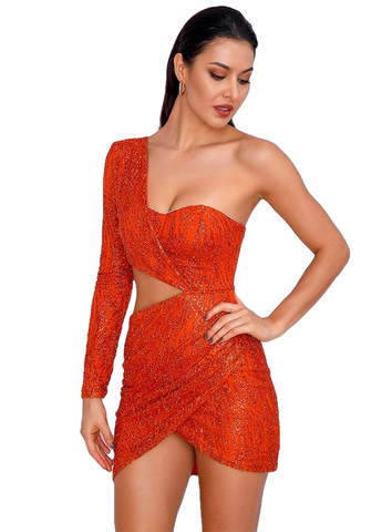 Sexy Orange Ladies' Cut Out Single Sleeve Bodycon Party Dress Of Glitter Glue Bead Material