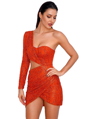 Orange Orange Cut Out Single Sleeve Glitter Glue Bead Material Body Bodycon Party Women