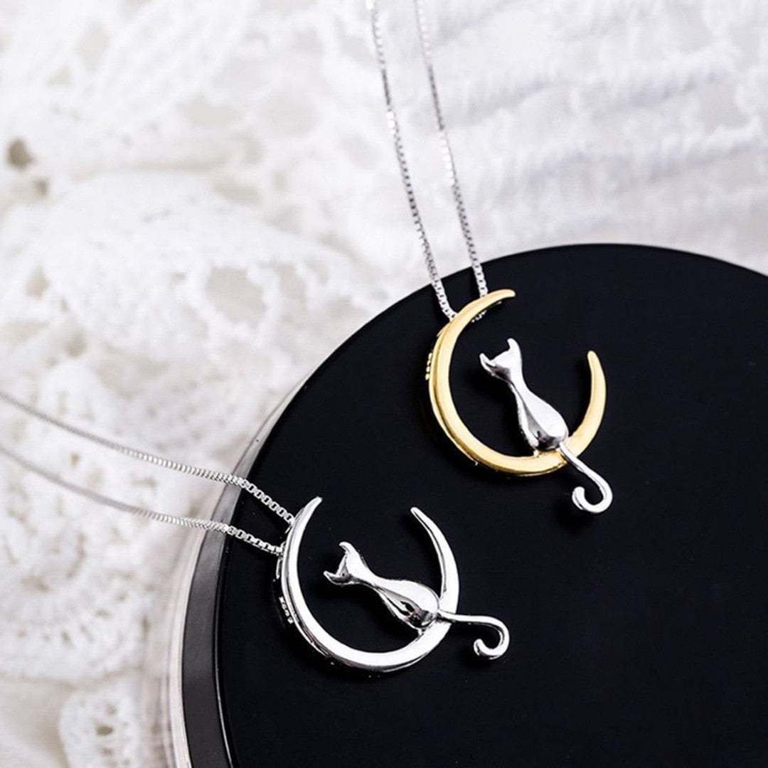 Fashion Cat Moon Pendant Necklace Charm Silver Gold Color Link Chain Necklace For Pet Lucky Jewelry For Women Gift - Sheseelady