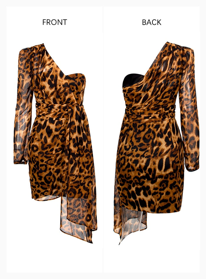 Sexy One-Shoulder Puff Sleeve Ribbon Decoração Leopard Chiffon Bodycon Party Dress Para Fêmeas