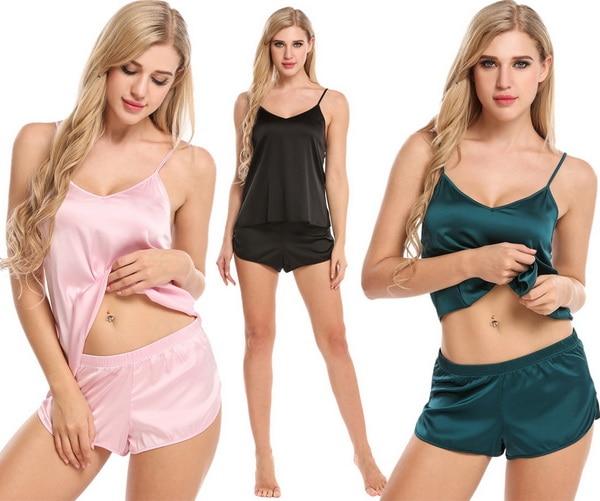 Women V-Neck Sleepwear Satin Pajama Spaghetti Strap Sexy Lace