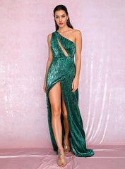 Sexy One Shoulder Cut Out Green Cross Split Sequin Maxi Dress Outono / Inverno Para As Senhoras