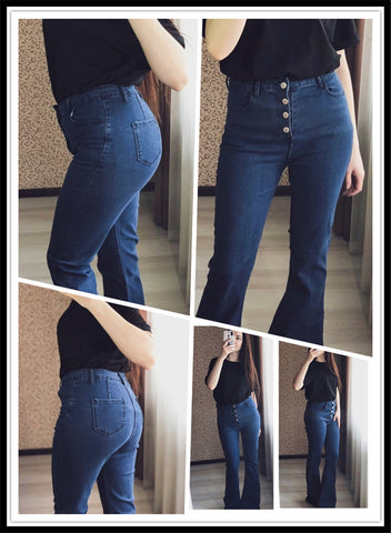 Botão azul vintage Up Flare Hem Mid Waist Stretch Long Denim Calças jeans