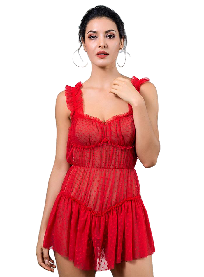 Sexy Red Dot Print Frilled Mesh Playsuit For Ladies