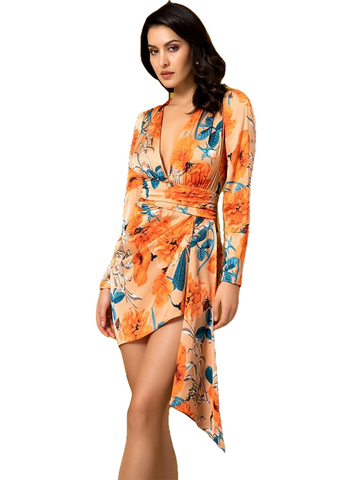 Orange Flower Print Sexy Deep V-Neck Puff Sleeve Ribbon Trim Fit Dress For Women