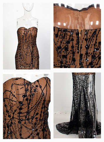 Sexy Black Strapless Cut Out Geometric Element Glitter Glued Fabric Maxi Dress For Females