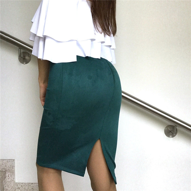 Multi Colors Women Skirt Solid Suede Work Wear