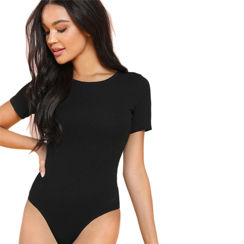Black Minimalist Solid Form Fitting Bodysuit Casual O-Neck Short Sleeve Skinny Bodysuit Women Summer Tshirt Bodysuits - Sheseelady