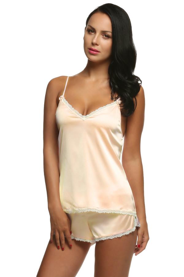 Women V-Neck Sleepwear Satin Pajama Spaghetti Strap Sexy Lace