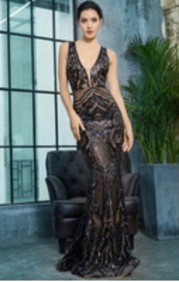 Sexy Deep V-Neck Rose Gold Sequins Mesh Forro Sleeveless Dress For Ladies