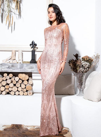 Sexy Bare Gold Round Neck Sheer Back Glitter Glued Fabric Maxi Dress For Ladies