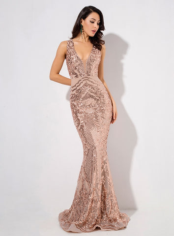Sexy Deep V-Neck Rose Gold Sequins Mesh Forro Sleeveless Dress For Ladies