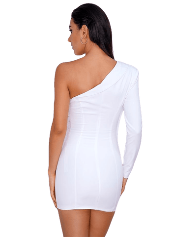 Col irrégulier blanc sexy tissu micro-élastique femelle de robe du parti à manches longues