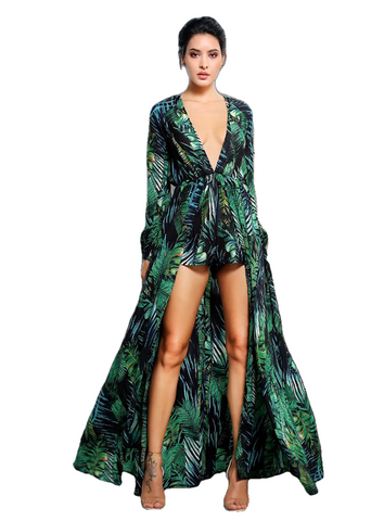 女性のための深いVネックシフォン長袖ドレスを印刷セクシーな葉