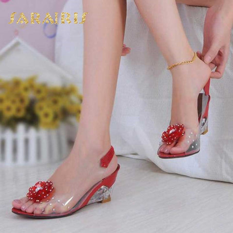 Fashion Summer Rhinestone Flower Wedge High Heels Casual Jelly Shoes Woman Sandals Women'S Shoes - Sheseelady