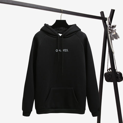 Oh Yes New Fashion Corduroy Long Sleeves Letter Harajuku Print Light Pink Pullovers Tops O-neck Women's Hooded Sweatshirt
