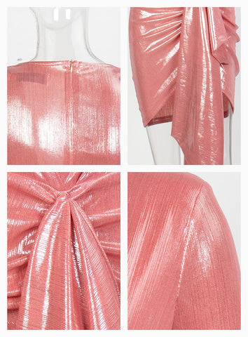 Sexy Pink Women's Deep V-neck Long Sleeve Pleated Reflective Dress With Ribbon