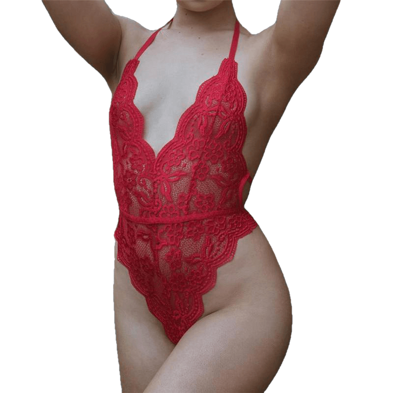 Backless Halter Lace Bodysuit Transparent Female Body Hot Sexy Teddies Jumpsuits Women Deep V Sheer Bodysuits - Sheseelady