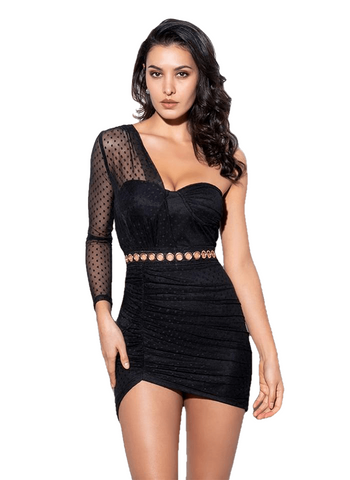 Sexy Black Polka Dot Single Sleeve Pleated Bodycon Party Dress For Females