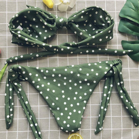 Sexy Women's Bow Padded Push Up Bikini Set With Dot Printed