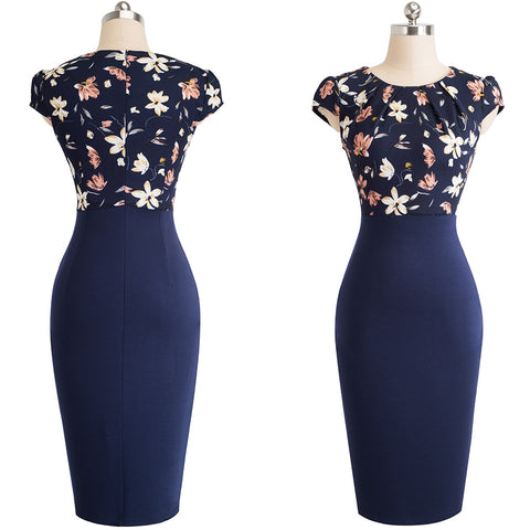 Nice-Forever New Print Stylish Elegant Casual Work Ruched Cap Sleeve Gather O-Neck Bodycon Knee Women Office Pencil Dress